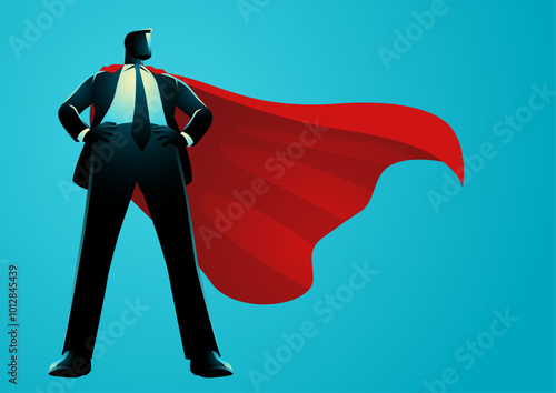 Confident businessman as superhero with red cape standing tall with hands on hips. Concepts of authority, strength, and leadership, ideal for themes of success and ambition