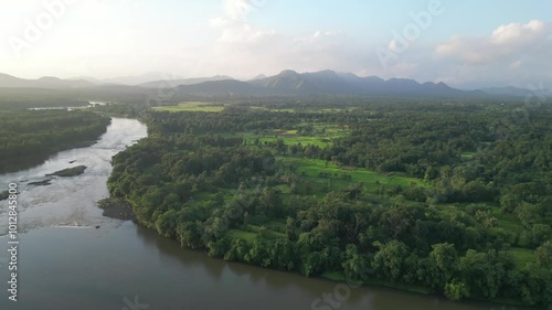 beautiful sky on dehrja river in forest drone view in palghar in maharashtra in india. photo