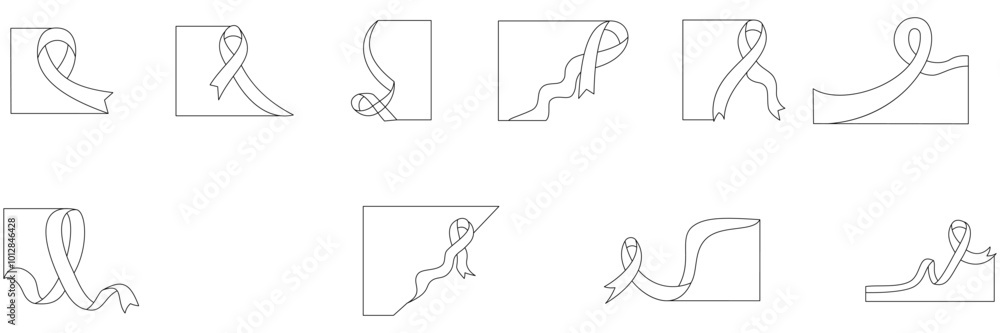Set of outline pink ribbon designs symbolizing breast cancer awareness. The various ribbon shapes and flowing designs are set against blue backgrounds, perfect for health campaigns and support events Set of outline pink ribbon designs symbolizing breast cancer awareness. The various ribbon shapes and flowing designs are set against blue backgrounds, perfect for health campaigns and support events