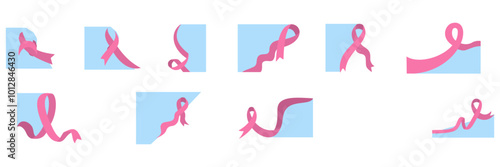 A collection of pink ribbon designs symbolizing breast cancer awareness. The various ribbon shapes and flowing designs are set against blue backgrounds, perfect for health campaigns and support events