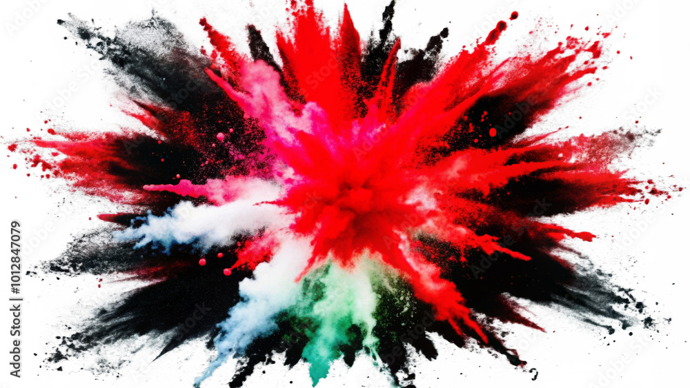 Vibrant splashes of red, black, white and green create an explosive display of color. The dynamic formation resembles a dramatic dust explosion against a transparent background.AI generated. Vibrant splashes of red, black, white and green create an explosive display of color. The dynamic formation resembles a dramatic dust explosion against a transparent background.AI generated.