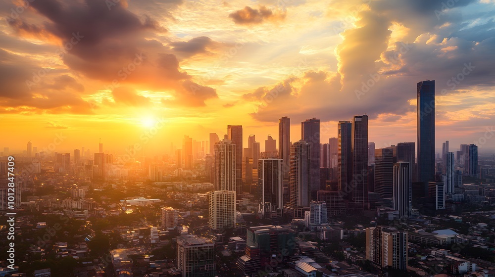 A stunning sunset over a bustling city skyline, with warm golden hues and reflections on skyscrapers A stunning sunset over a bustling city skyline, with warm golden hues and reflections on skyscrapers
