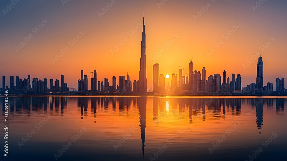Obraz premium A stunning sunset over a bustling city skyline, with warm golden hues and reflections on skyscrapers