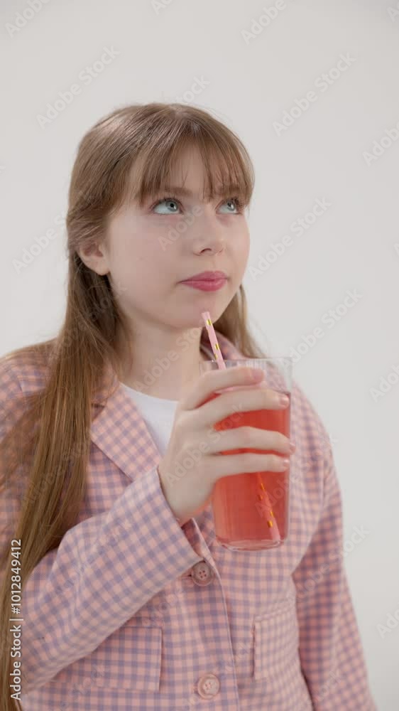Vertical video. A pretty brown-haired teenage girl sucks strawberry juice from a straw. Her happy gesture and success are apparent as she looks directly at you. Vertical video. A pretty brown-haired teenage girl sucks strawberry juice from a straw. Her happy gesture and success are apparent as she looks directly at you.