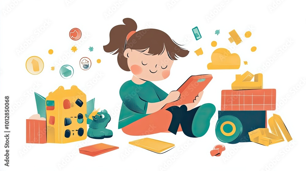 A Young Girl Playing with a Smartphone and Toys A Young Girl Playing with a Smartphone and Toys