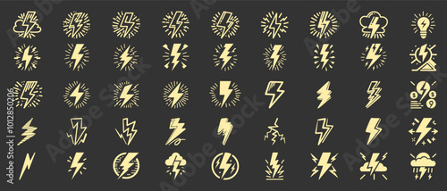 Creative collection of lightning and thunder symbols designed for weather-themed graphics and illustrations in various styles