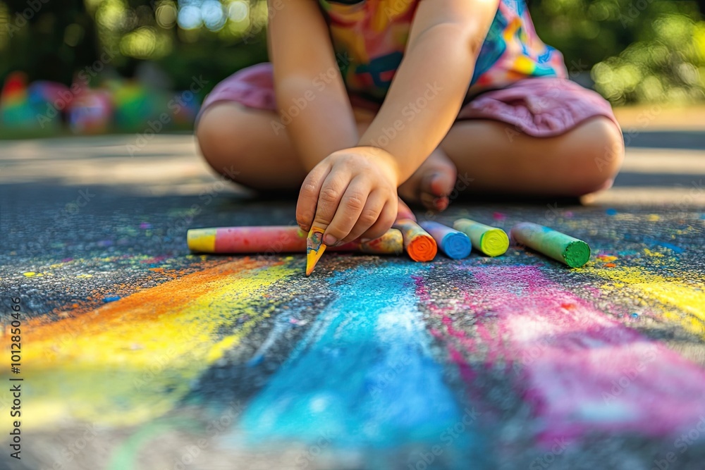 Obraz premium Young Child Drawing with Chalk on Asphalt