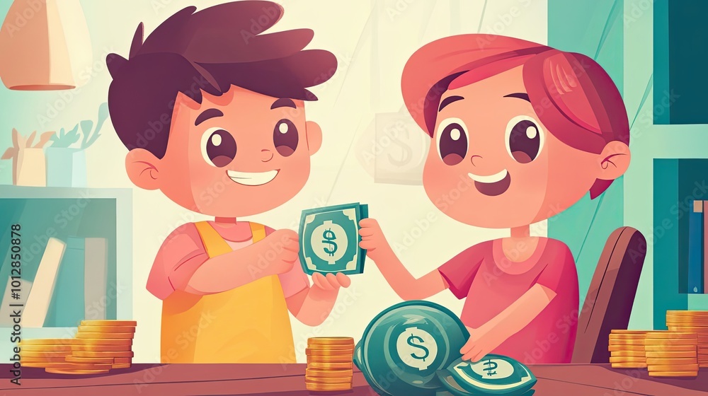 Two Cartoon Children Putting Money Into a Piggy Bank Two Cartoon Children Putting Money Into a Piggy Bank