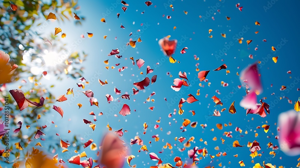 Falling red and orange petals on blue sky background Falling red and orange petals on blue sky background