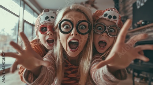 Boo! Close up shot of blond mom with two little dressed sister and brother, creepy costumes, eyewear and head wear, gesturing boo, in decorated nice loft light room indoors at home near the windows photo