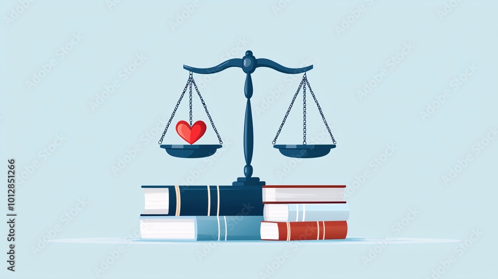 Equal balance of law books and a heart, representing justice with compassion, flat design illustration Equal balance of law books and a heart, representing justice with compassion, flat design illustration