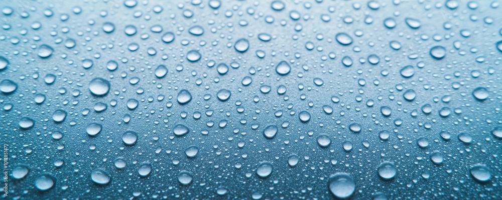 Close-up view of water droplets on a surface, showcasing a serene blue background, perfect for backgrounds or nature themes. Close-up view of water droplets on a surface, showcasing a serene blue background, perfect for backgrounds or nature themes.