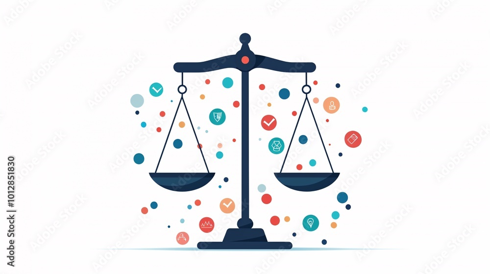Justice scales with equal symbols on each side, equality before the law, flat design illustration Justice scales with equal symbols on each side, equality before the law, flat design illustration