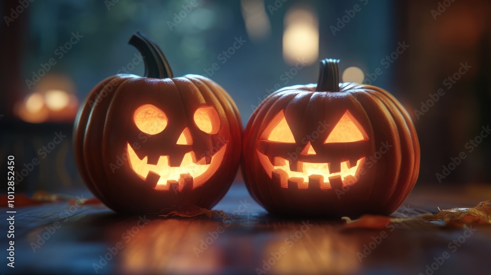 Fototapeta premium close up of carved halloween pumpkins on table
