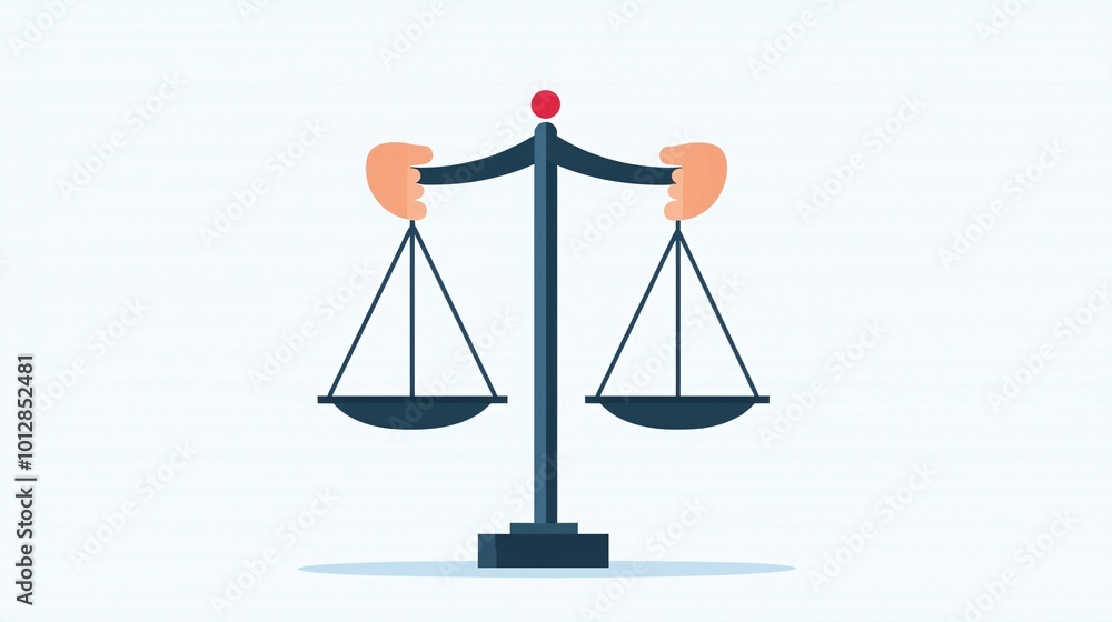 Scales of justice with two hands balancing them, cooperation in morality, flat design illustration Scales of justice with two hands balancing them, cooperation in morality, flat design illustration