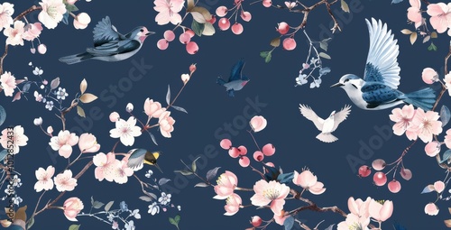 seamless pattern with a digital illustration of  bird with small flowers, and berries in shades of navy blue, green, and pink on a dark background