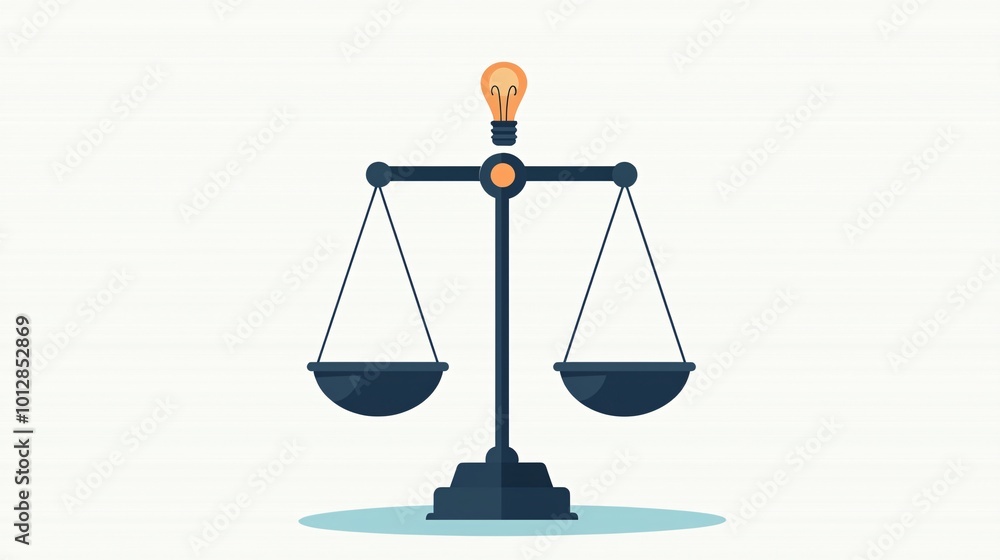 Balanced scales with a light bulb, wisdom and justice, flat design illustration Balanced scales with a light bulb, wisdom and justice, flat design illustration