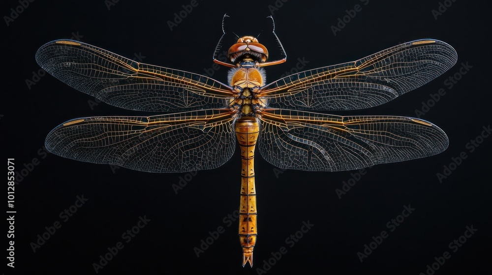 Dragonfly with Detailed Wings on a Black Background Dragonfly with Detailed Wings on a Black Background