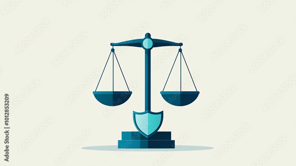 Justice scales with a shield, protecting equality, flat design illustration