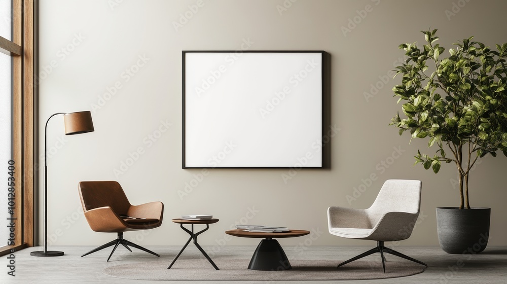 Modern living room with stylish furniture and a large empty frame on the wall. Modern living room with stylish furniture and a large empty frame on the wall.