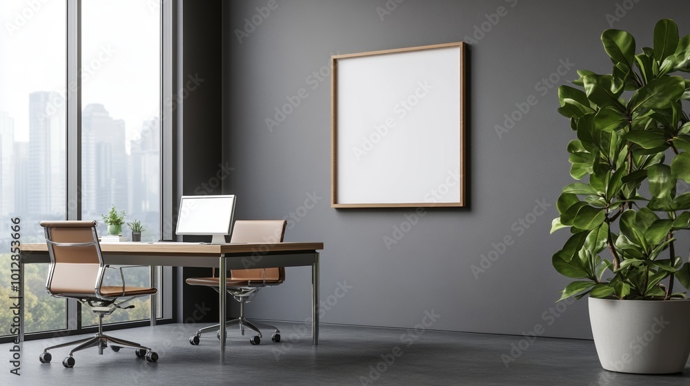 Modern office interior featuring desk, chair, and large window view. Modern office interior featuring desk, chair, and large window view.