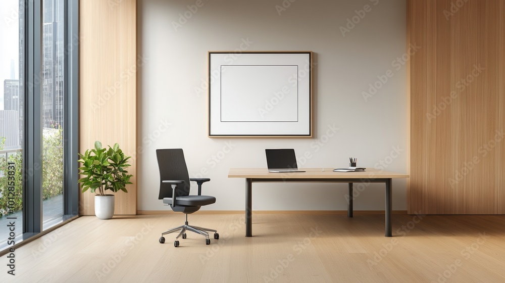 Modern office interior with a desk, chair, and plant in a bright, minimalist space. Modern office interior with a desk, chair, and plant in a bright, minimalist space.