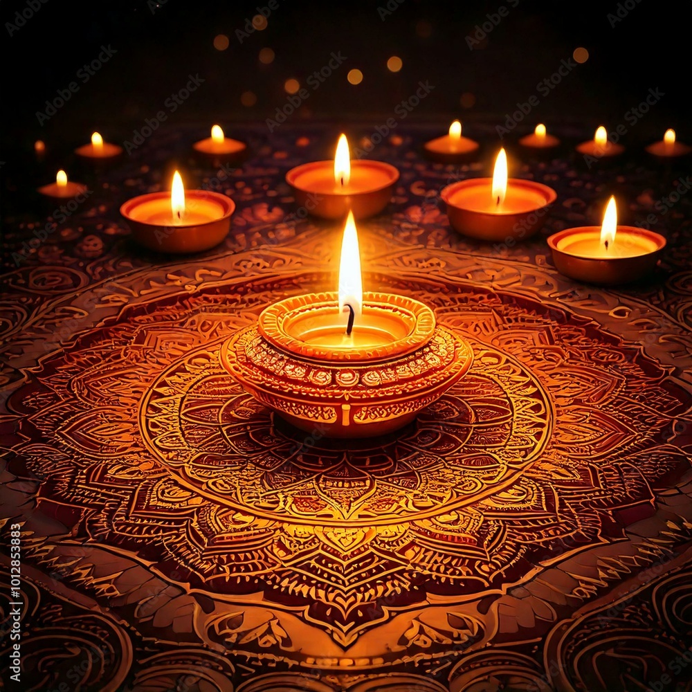 Artistic depiction of multiple diyas illuminating a festive night with intricate rangoli designs in the background. Artistic depiction of multiple diyas illuminating a festive night with intricate rangoli designs in the background.