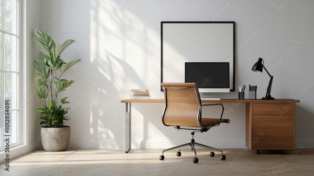 Fototapeta premium Modern office interior with desk, chair, plant, and computer against a bright wall.
