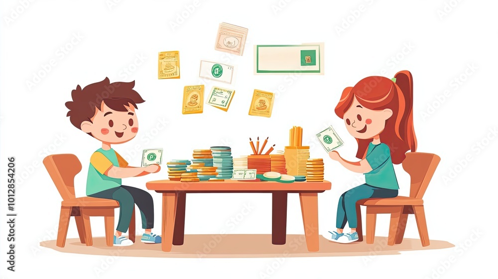 Two Children Sitting at a Table Surrounded by Money Two Children Sitting at a Table Surrounded by Money