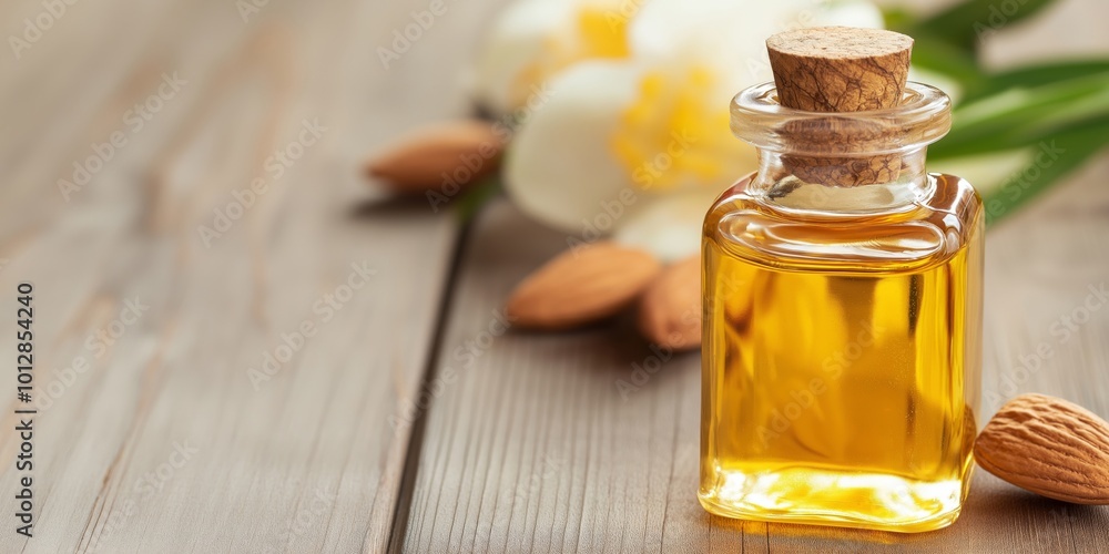 A glass bottle filled with almond oil, placed on a wooden surface with whole almonds and soft white flowers in the background, evoking a natural and organic skincare concept A glass bottle filled with almond oil, placed on a wooden surface with whole almonds and soft white flowers in the background, evoking a natural and organic skincare concept