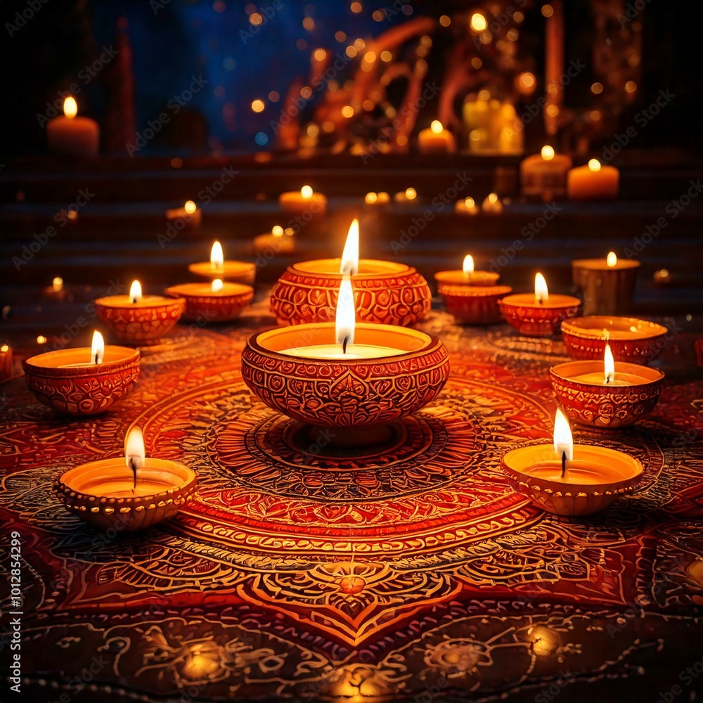 Artistic depiction of multiple diyas illuminating a festive night with intricate rangoli designs in the background. Artistic depiction of multiple diyas illuminating a festive night with intricate rangoli designs in the background.