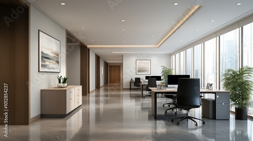 Modern office interior with large windows and stylish furniture.