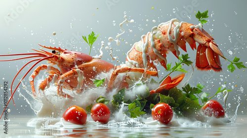 Dynamic shot of levitating components of Lobster Thermidor: caramelized lobster meat, cognac mustard sauce, herb-roasted potatoes, and grilled zucchini in mid-air photo