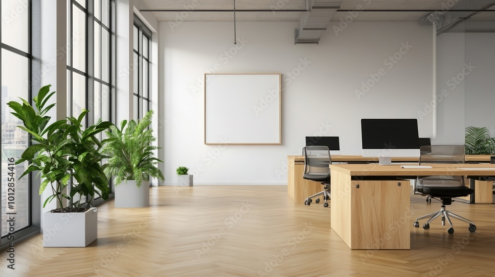 Modern office interior with plants, large windows, and empty white wall. Modern office interior with plants, large windows, and empty white wall.