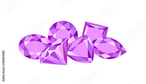 Heap of purple gemstones isolated on white background. Vector cartoon flat illustration of amethyst.
