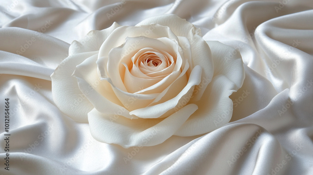 single white rose lies delicately on a smooth white satin sheet, symbolizing purity, innocence, and elegance. The soft textures and serene color palette evoke feelings of peace, love, and new beginnin single white rose lies delicately on a smooth white satin sheet, symbolizing purity, innocence, and elegance. The soft textures and serene color palette evoke feelings of peace, love, and new beginnin