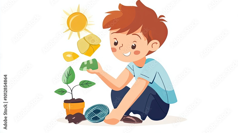A Boy Planting a Seed with Gold Coins and Sunlight A Boy Planting a Seed with Gold Coins and Sunlight