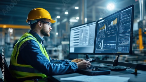 Worker analyzing data on dual monitors in an industrial setting.