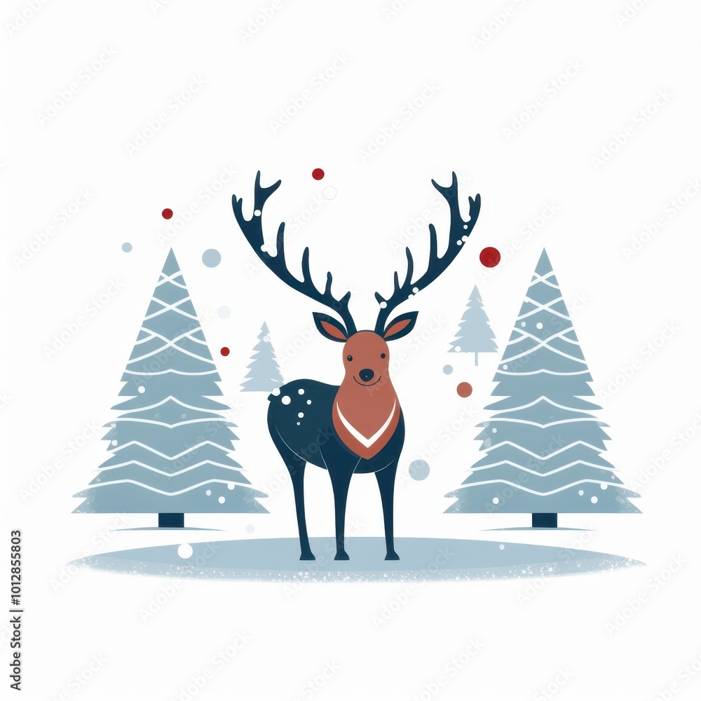 Festive reindeer in a snowy winter wonderland with stylized evergreen trees. Festive reindeer in a snowy winter wonderland with stylized evergreen trees.