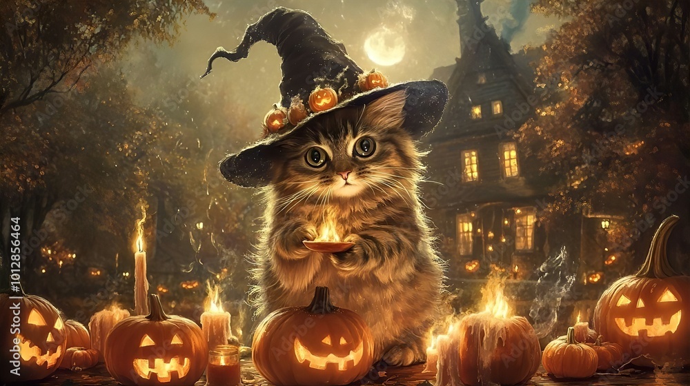 Fototapeta premium A cute Halloween pumpkin with a candle, surrounded by a spooky black cat and a witch's hat, perfect for celebrating the autumn holiday in October