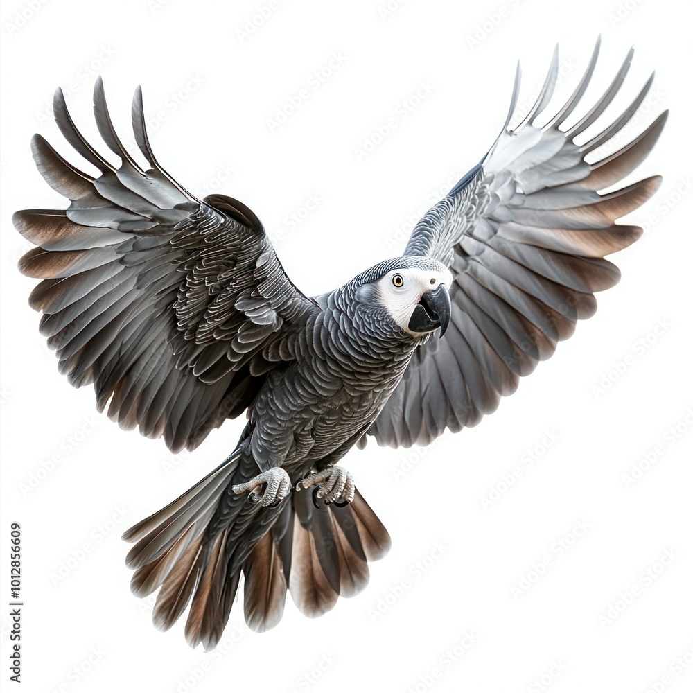 Fototapeta premium African Grey Parrot Bundle in Flight and Perched, Isolated on White Background
