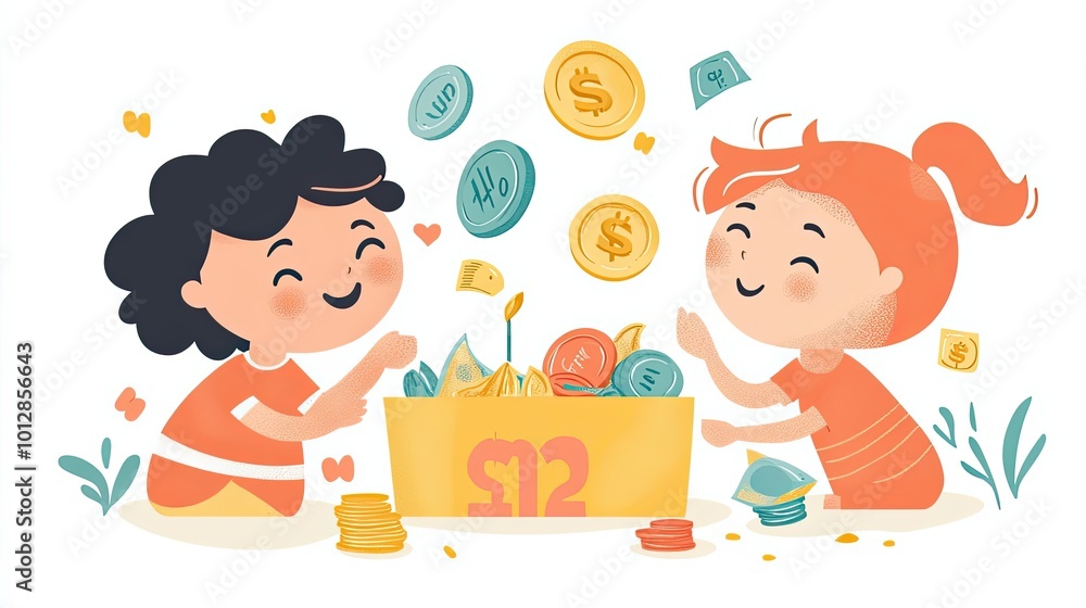 Two Children Joyfully Contributing Coins to a Donation Box Two Children Joyfully Contributing Coins to a Donation Box