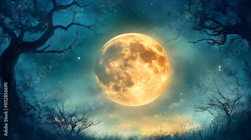 A serene halloween night scene featuring a full moon illuminating the dark sky, surrounded by fluffy clouds, reflecting on the calm ocean waters beneath a starry landscape photo