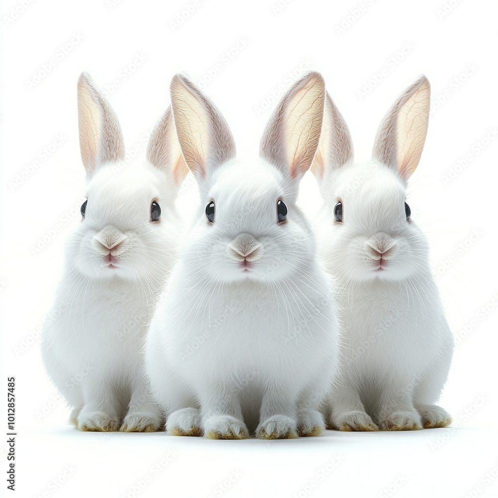 Fototapeta premium White Rabbit Trio - Portrait of Three Sitting Animals in Isolation on White Background