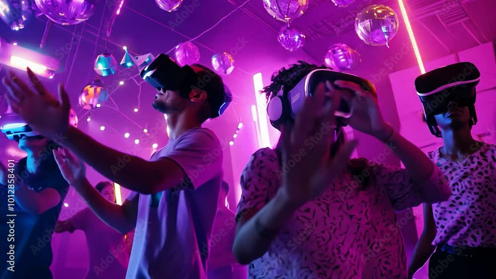 Participants enjoy a vibrant virtual disco, wearing headsets and dancing joyfully amid dazzling lights and energetic music, creating a lively atmosphere.