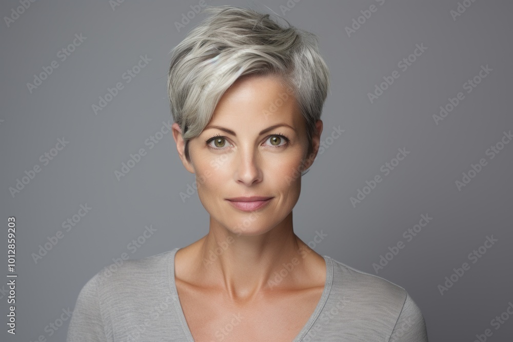 Portrait of beautiful middle aged woman with short grey hair over grey background Portrait of beautiful middle aged woman with short grey hair over grey background