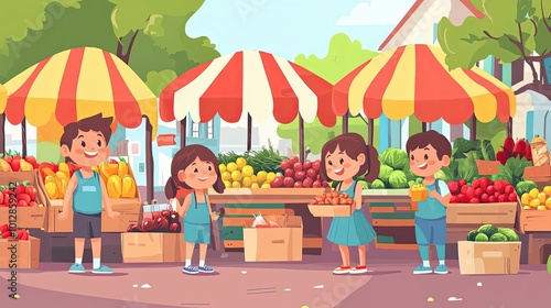 Wallpaper Mural Children Shopping for Fresh Produce at a Local Market Torontodigital.ca