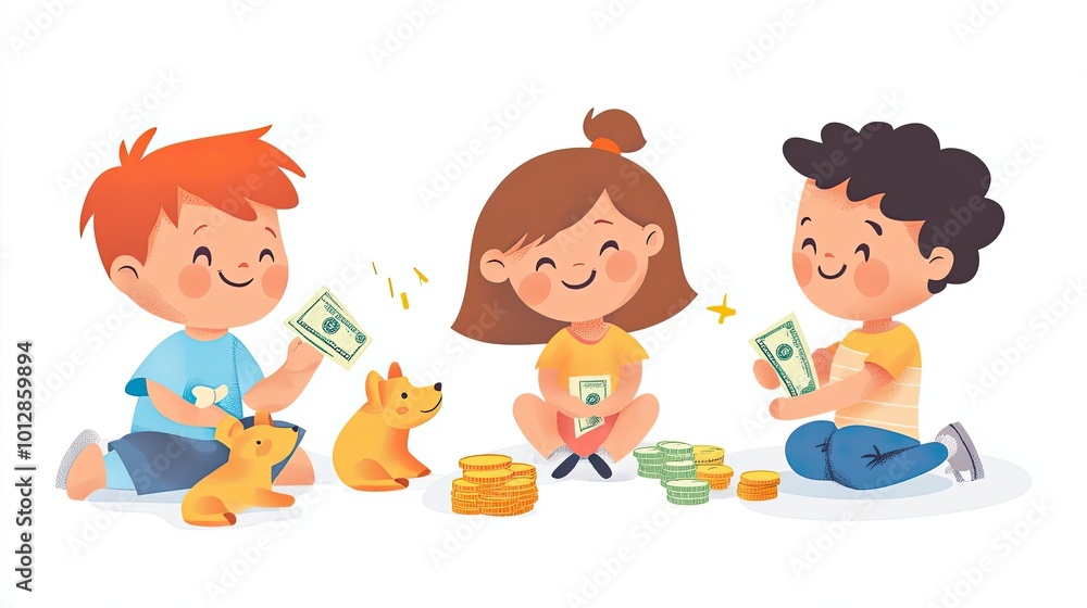 Three Children Sitting with Money and Toy Dogs Three Children Sitting with Money and Toy Dogs