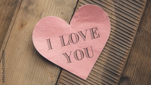 Close-up of pink heart-shaped note with "I Love You" message for Valentine's Day