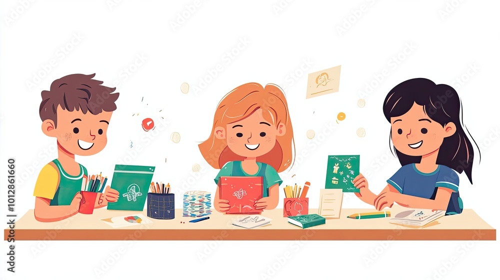 Three Children Sitting at a Desk with School Supplies Three Children Sitting at a Desk with School Supplies